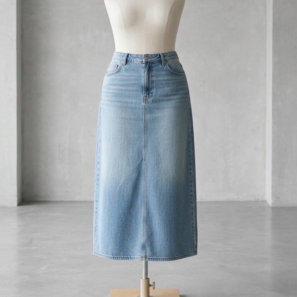VTG Riders by Lee 16 Flat Front Blue Denim Midi Calf Skirt Back Slit Pockets Zip